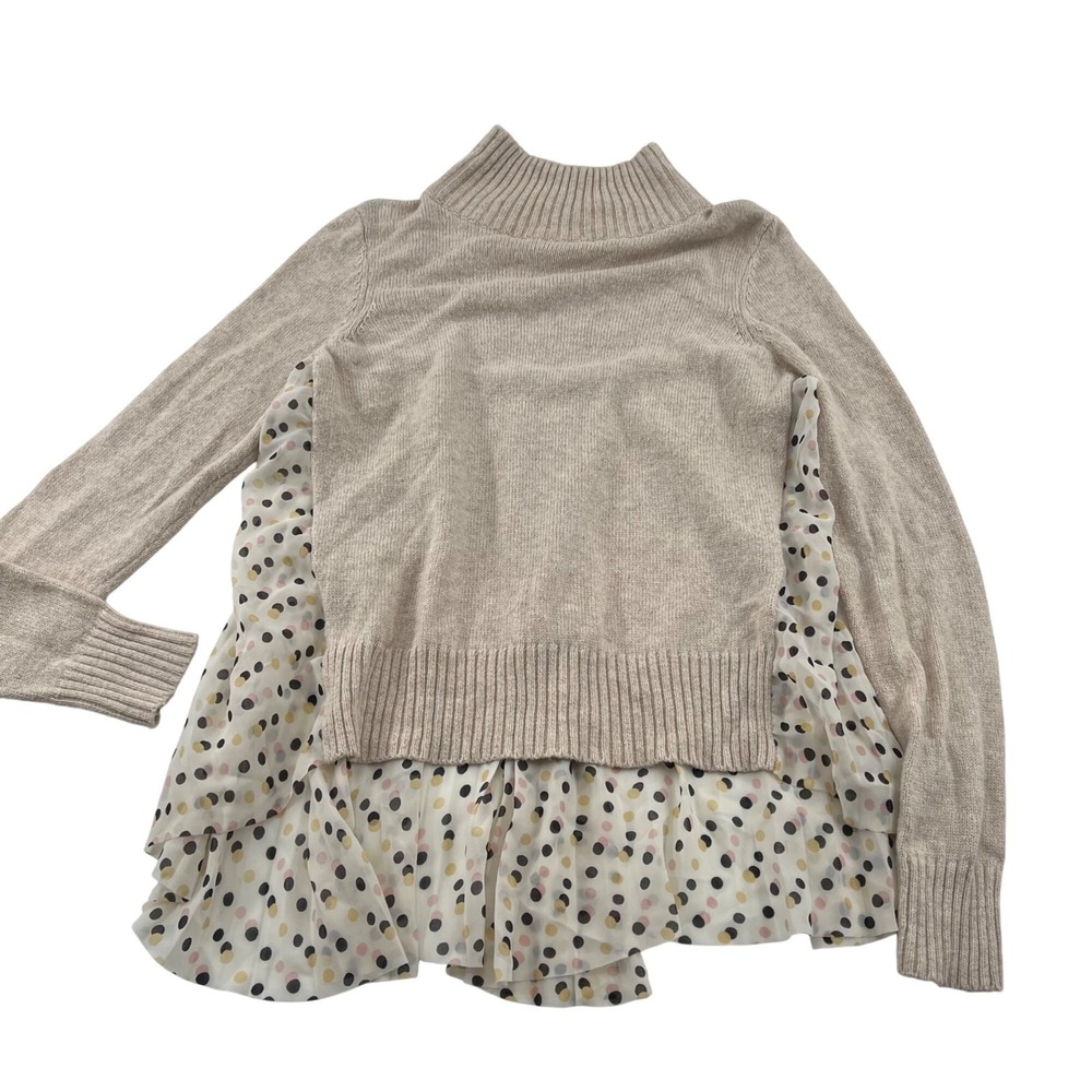 Anthropologie Moth Beige Knit Sweater With Polka Dot Ruffle Hem Womens Small